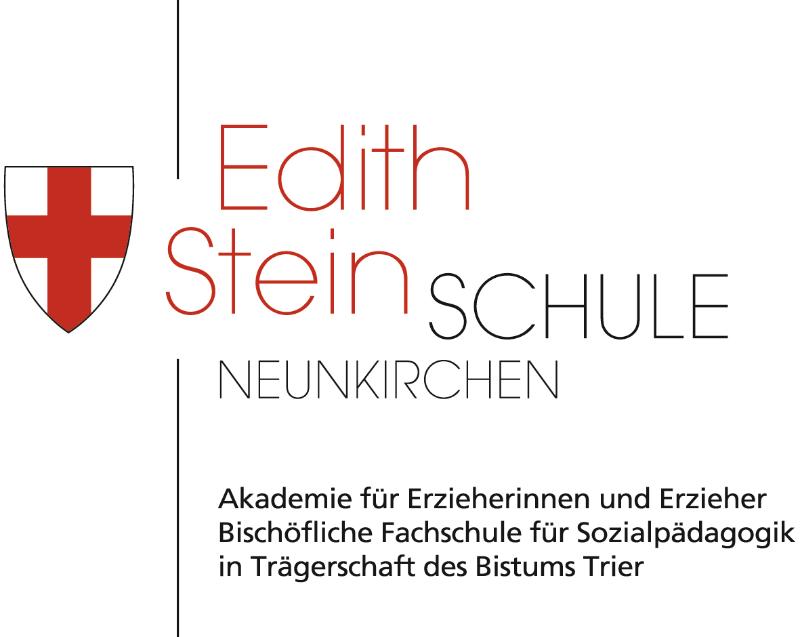 Zu sehen ist das Bistums-Logo (ein Wappen mit rotem Kreuz). Daneben der Text: Edith Stein Schule Neunkirchen. Akademie für Erinnerinnen und Erzieher